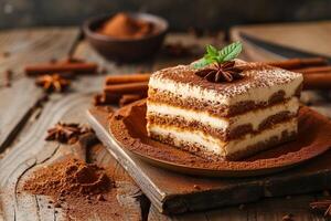 AI generated A slice of tiramisu surrounded by ingredients like cocoa powder, cinnamon sticks, and coffee beans on a wooden table. Generative AI. photo