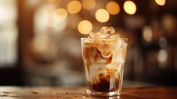 ai generado un vaso de con hielo café con Leche remolino y chocolate polvo en cima. generativo ai. foto