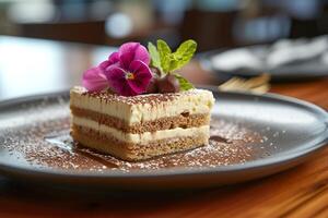 AI generated A slice of classic tiramisu adorned with a vibrant purple edible flower and a sprig of mint on a dark ceramic plate. Generative AI. photo