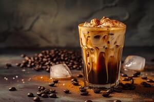 AI generated A glass of iced coffee with cream swirling and coffee beans. Generative AI photo
