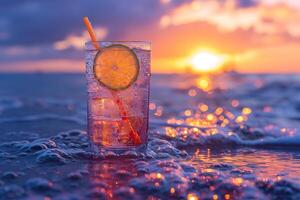 AI generated A glass of ice-cold soda with a slice of lemon on the sunset beach. Generative AI. photo