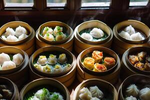 AI generated A selection of traditional Chinese dim sum in bamboo steamers. Generative AI. photo