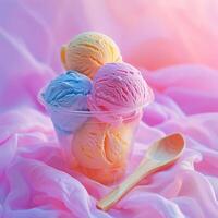 AI generated A small clear plastic cup filled with multicolored scoops of ice cream on pink background with a wooden spoon on the side. Generative AI. photo