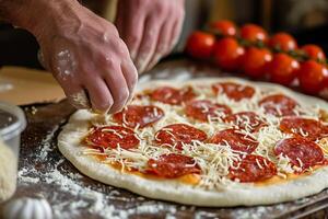 ai generado un artesanal pepperoni Pizza siendo hecho a mano por un sazonado cocinero, enfoque en el artesanía y ingredientes. generativo ai. foto
