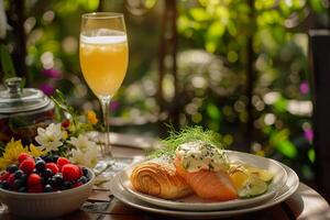 ai generado un amrican desayuno en un brillante al aire libre patio. generativo ai. foto