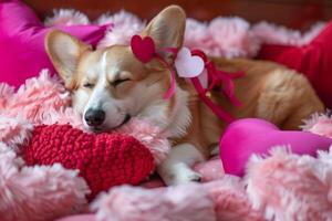 AI generated A corgi dog taking a nap amidst a cozy setting filled with pink, red hearts pillows. Generative AI. photo