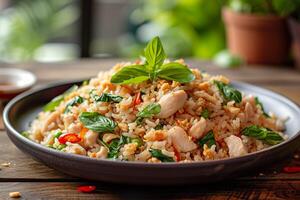 AI generated A plate of Thai basil chicken fried rice on a rustic wooden table. Generative AI. photo