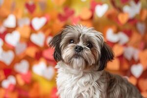 AI generated A cute shih tzu dog in front of a colorful paper hearts backdrop. Generative AI. photo