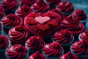 AI generated A collection of red velvet cupcakes with red frosting arranging in heart shape against dark blue background. Generative AI. photo