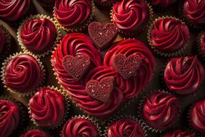 AI generated A red velvet cupcakes with luxurious heart-shape toppers arranging in heart shape. Generative AI. photo