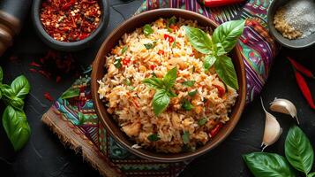 AI generated A traditional bowl of Thai basil chicken fried rice on the woven cloth. Generative AI. photo