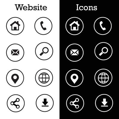 website, internet white isolated icons, signs on black background for design template, vector set