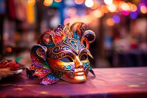 ai generado de cerca de un vistoso carnaval mascarilla, un esencial elemento para el fiesta. carnaval máscara resaltado, mostrando sus riqueza de colores en un superficie. foto