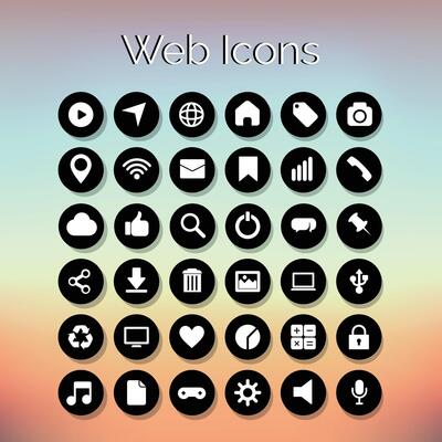 Website Icons set of 36 application icons Black and White colored icons Gradient Background tablet