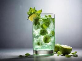 AI generated Fresh Mojito cocktail with lime, mint and ice in a glass glass on a dark background. Summer cold drink and cocktail. photo