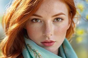AI generated close-up portrait of a red-haired beautiful young woman with freckles and a silk scarf. Spring portrait. photo