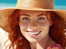 AI generated Portrait of a beautiful young redhead woman wearing a wide-brimmed straw hat on the beach and looking at the camera. photo