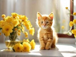 AI generated A red little fluffy kitten sits on a table next to a vase with yellow delicate flowers in a bright sunny room photo