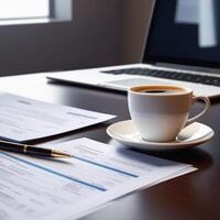 AI generated A cup of hot coffee on an accountant's desk with a laptop, accounting documents, calculator, and other office supplies. Successful work or stress concept. photo