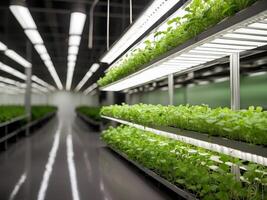 AI generated Shelves vertical farm growing fresh green plants indoors. Fresh microgreens automatic cultivation. photo