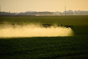 Jets of liquid fertilizer from the tractor sprayer. photo