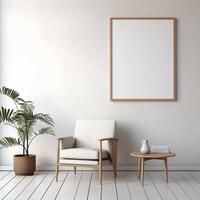 AI generated White vertical poster template on wall, empty space, frame, art, mockup photo