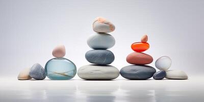 ai generado un apilar de piedras de diferente colores, pulcramente apilado en parte superior de cada otro. visualmente atractivo equilibrar composición foto