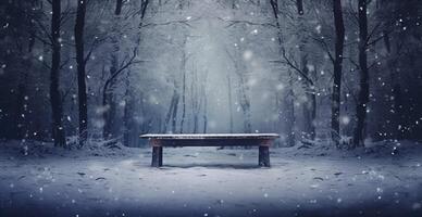 AI generated Image of a winter forest, landscape, snow, trees, cold season, Christmas. Composition for design, space for text photo