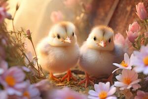 AI generated Two cute little yellow chicks and spring flowers. Spring background. AI-generated content. photo