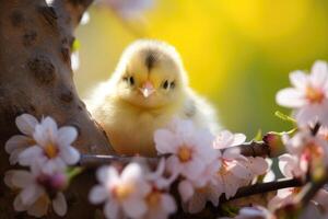 AI generated Cute little yellow chick and spring flowers. Spring background. AI-generated content. photo