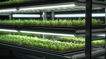 AI generated Shelves vertical farm growing fresh green plants indoors. Fresh microgreens automatic cultivation. AI-generated content photo