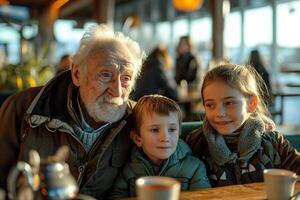 AI generated Elderly grandfather with grandchildren at airport cafe. Generative AI. photo