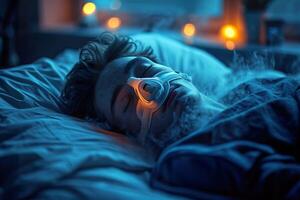 AI generated Man sleeping with high-tech sleep aid device. Generative AI. photo