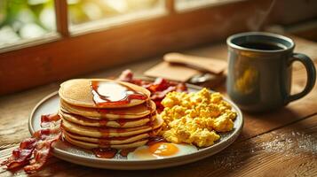 AI generated Sunny side up eggs on pancake breakfast. Generative AI. photo