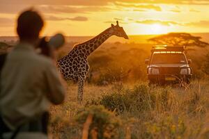 ai generado fotógrafo capturar jirafa a puesta de sol safari. generativo ai. foto