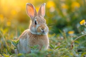 AI generated Close-up wild rabbit in sunlit garden. Generative AI. photo