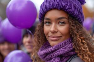 ai generado sonriente mujer con púrpura invierno accesorios. púrpura día concepto. generativo ai. foto