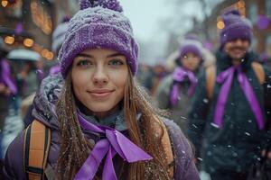 AI generated A young woman wearing purple attire in winter. Generative AI. photo