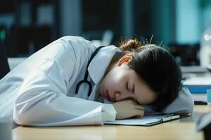 ai generado un joven asiático hembra médico tomando un siesta en su escritorio. generativo ai. foto