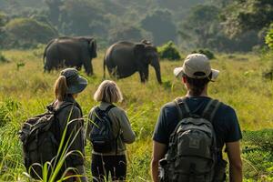 AI generated Tourists on safari watching wild elephants. Generative AI. photo