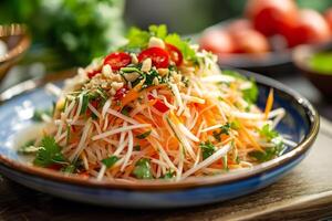 AI generated Thai Som Tam or Papaya Salad in a rustic bowl. Generative AI. photo