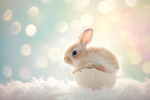 AI generated A young rabbit perched gently atop a cracked eggshell against pastel background. Generative AI. photo