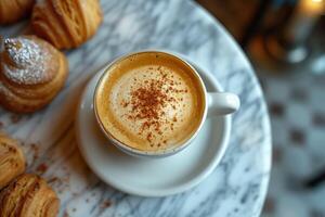 ai generado capuchino con canela en mármol mesa. generativo ai. foto