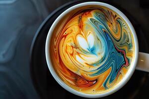 AI generated Top view of Vibrant swirls in coffee art. Generative AI. photo