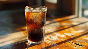 AI generated A glass of iced cola on a wooden table. Generative AI. photo