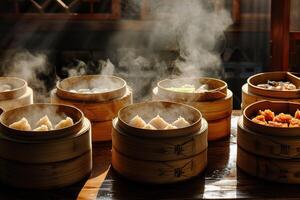 AI generated A traditional Chinese dim sum in bamboo steamers. Generative AI. photo