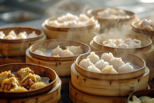 AI generated Close-up of a Chinese dim sum in bamboo steamers. Generative AI. photo