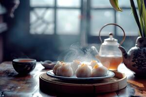 AI generated A Chinese tea time, featuring a steaming pot of tea, a cup, and a plate of freshly steamed dim sum on a bamboo tray. Generative AI. photo