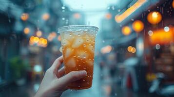 AI generated Closeup hand holding a tall cup of iced coffee and cityscape in the background. Generative AI. photo