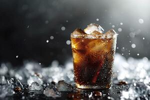 AI generated A glass of iced cola and scattered ice cubes on abokeh background. Generative AI. photo